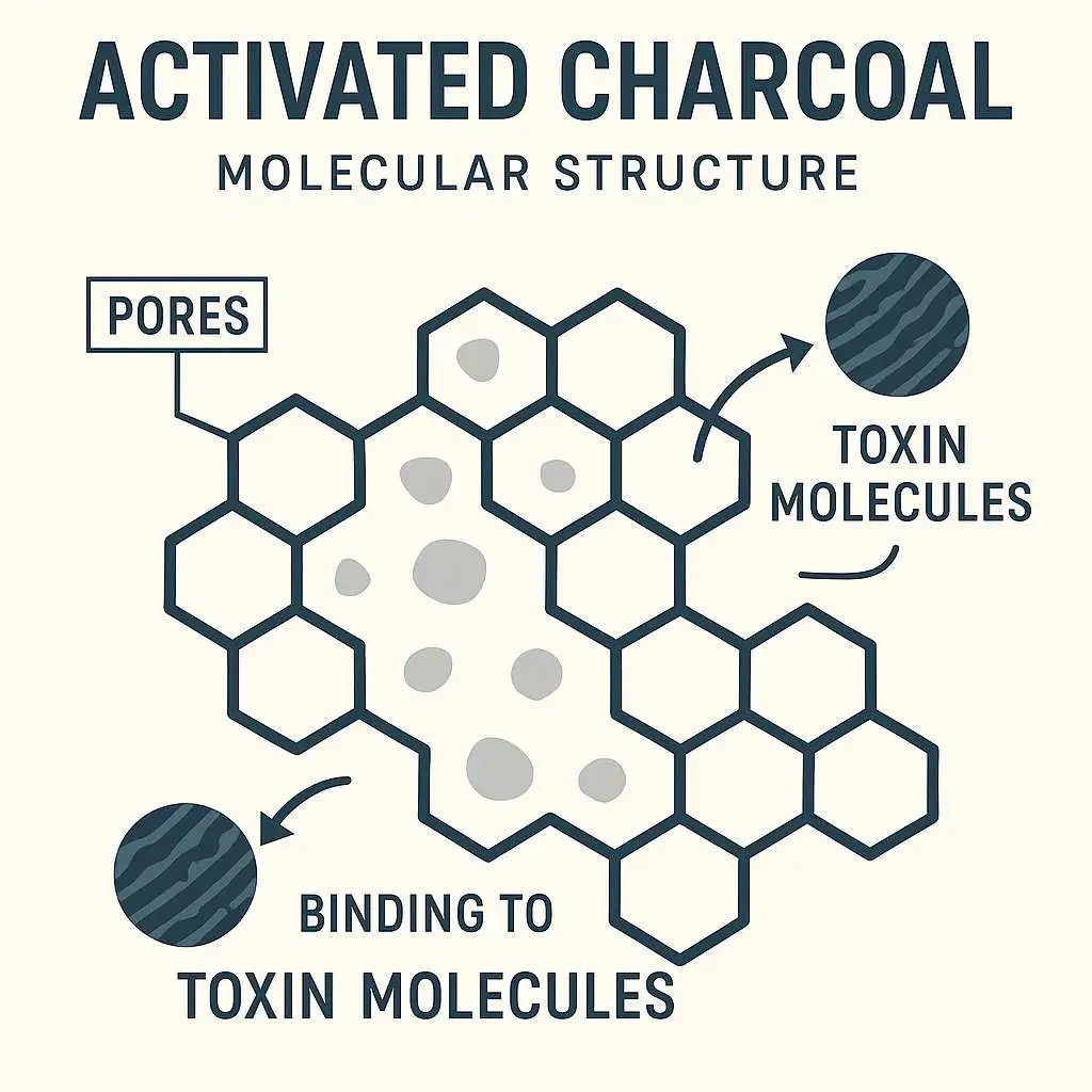 Molecular structure carbon Scientific diagram showing how activated charcoal pores bind and trap toxin molecules in dogs digestive system