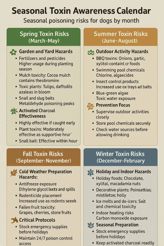 Seasonal toxin awareness calendar Year-round toxin calendar showing seasonal poisoning risks for dogs by month