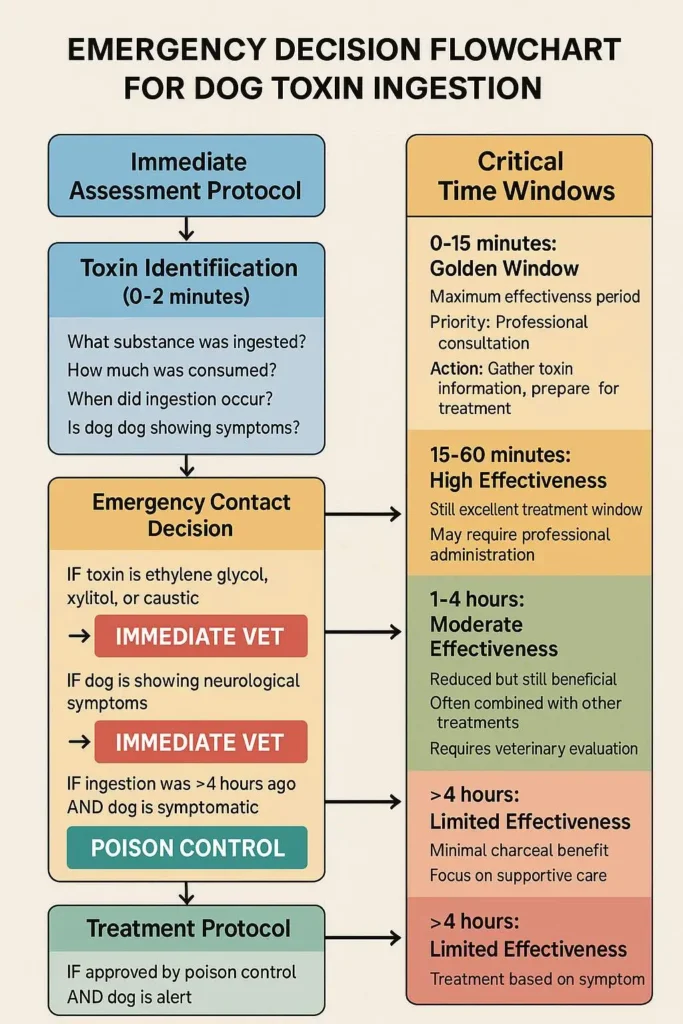 flowchart_decision_ingestion Emergency decision flowchart for dog toxin ingestion showing when to use activated charcoal vs other treatments