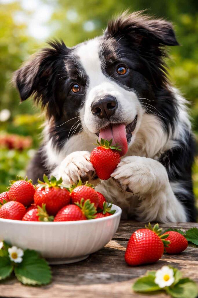 happy border collie holding a strawberry. 
