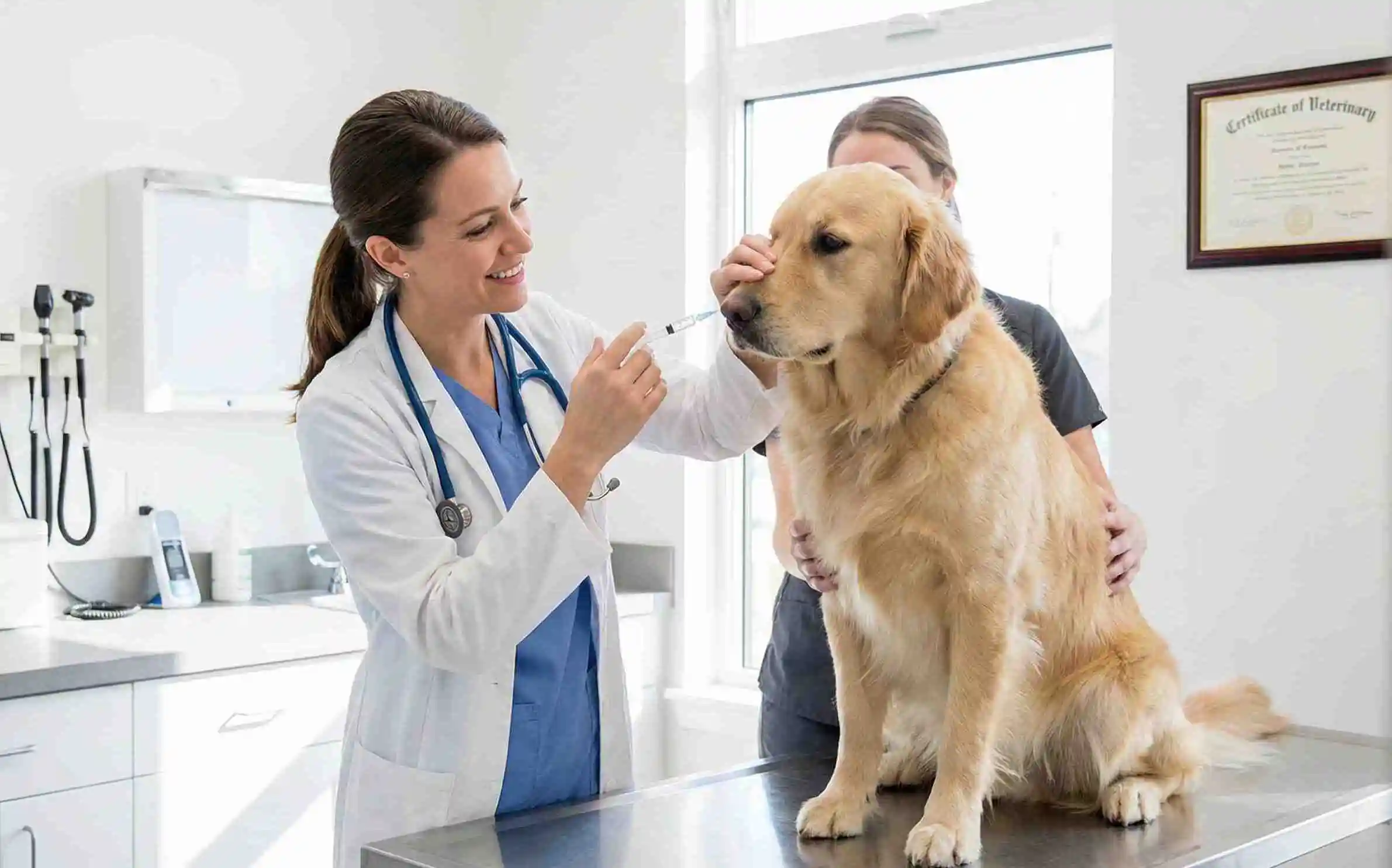 Veterinarian administering intranasal kennel cough vaccine to a calm golden retriever
