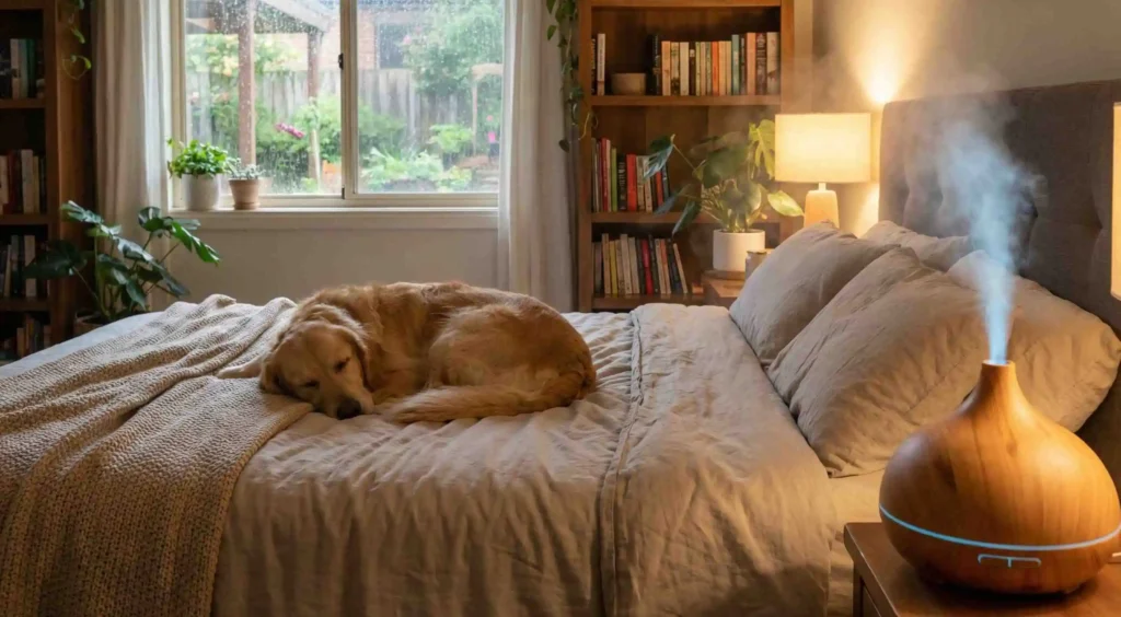 Dog resting comfortably on a bed next to a running humidifier with visible mist, cozy indoor setting with soft lighting