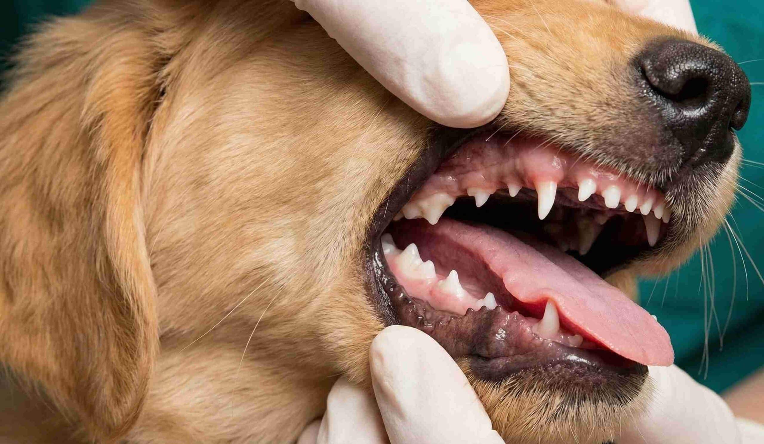 puppy's mouth showing both baby and adult teeth during transition phase