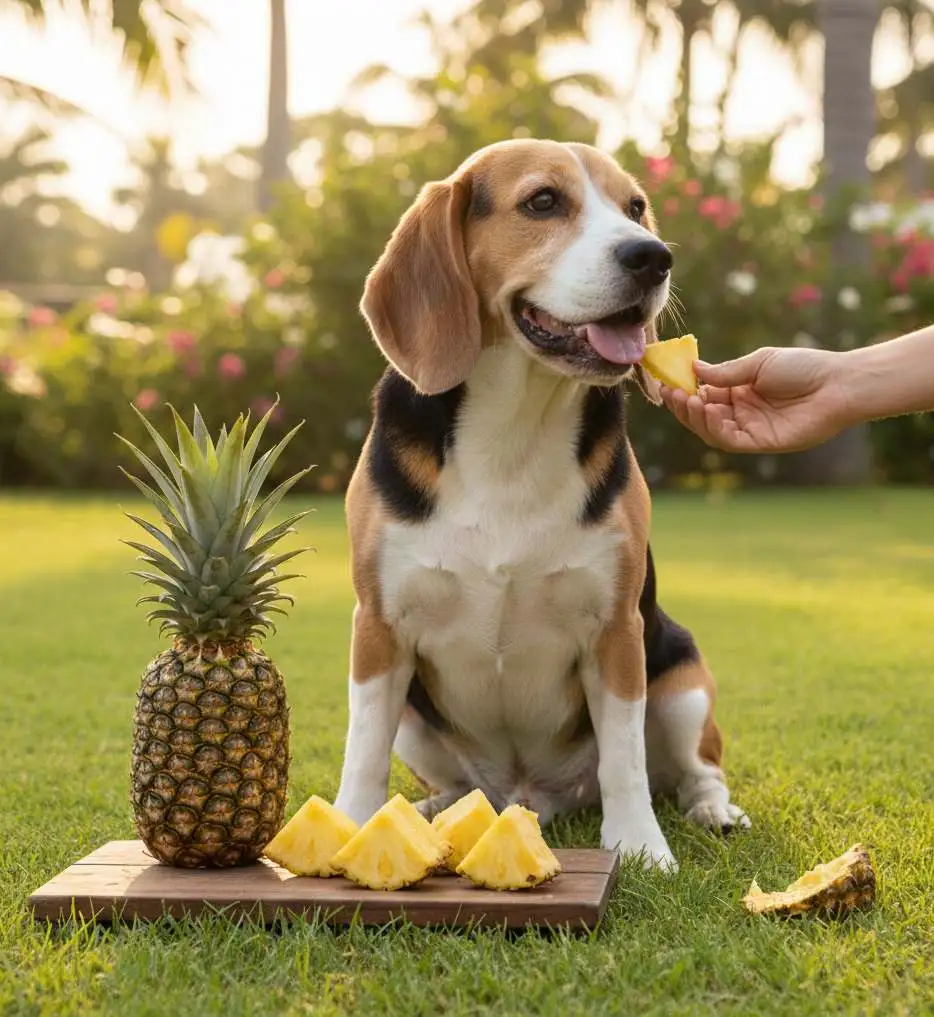 a dog sitting on grass eating pineapple