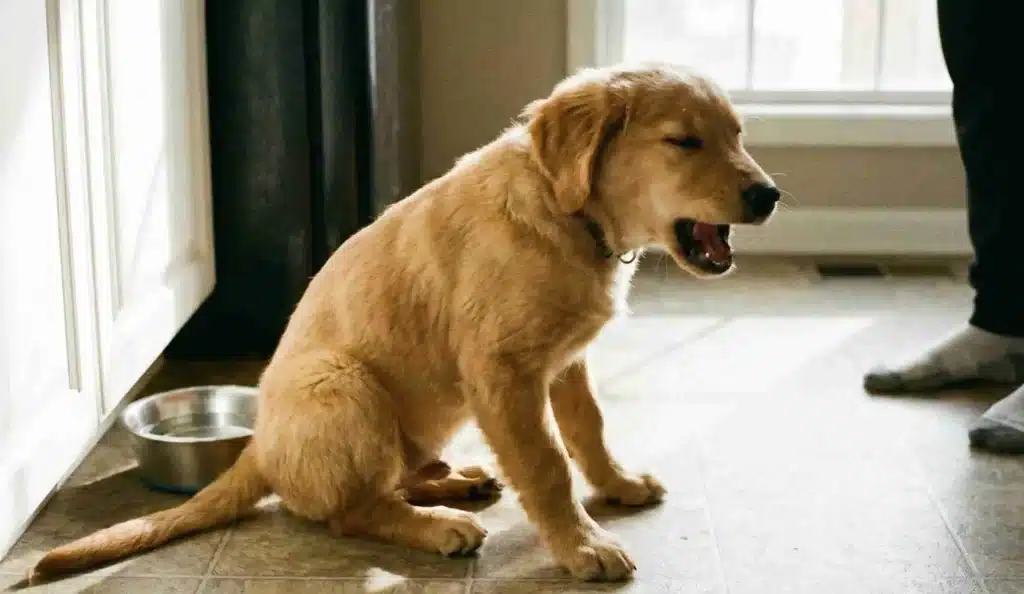 a dog sitting on the floor having a hiccup