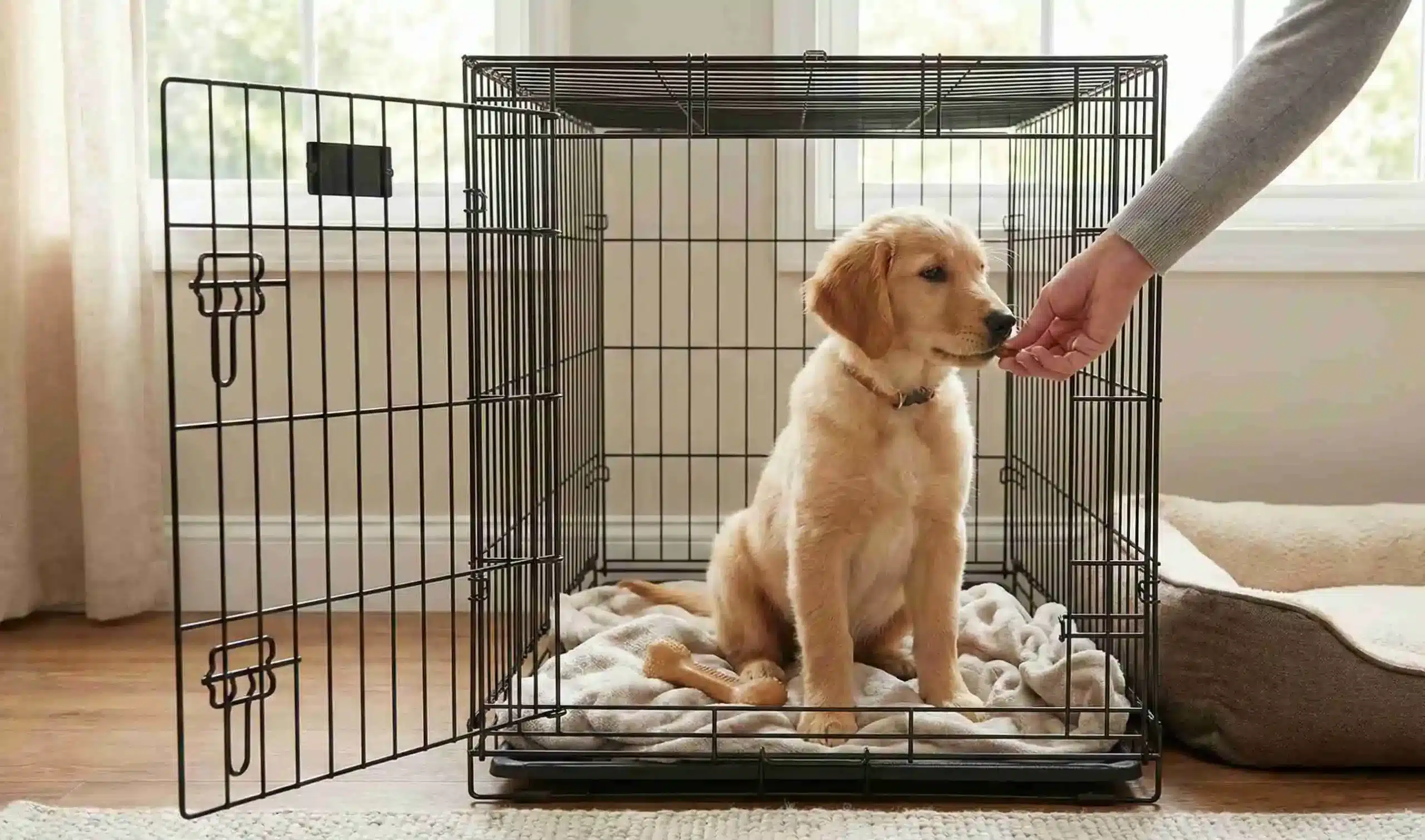 a puppy in a cage