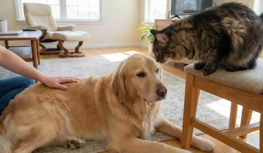 a cat looking at a dog
