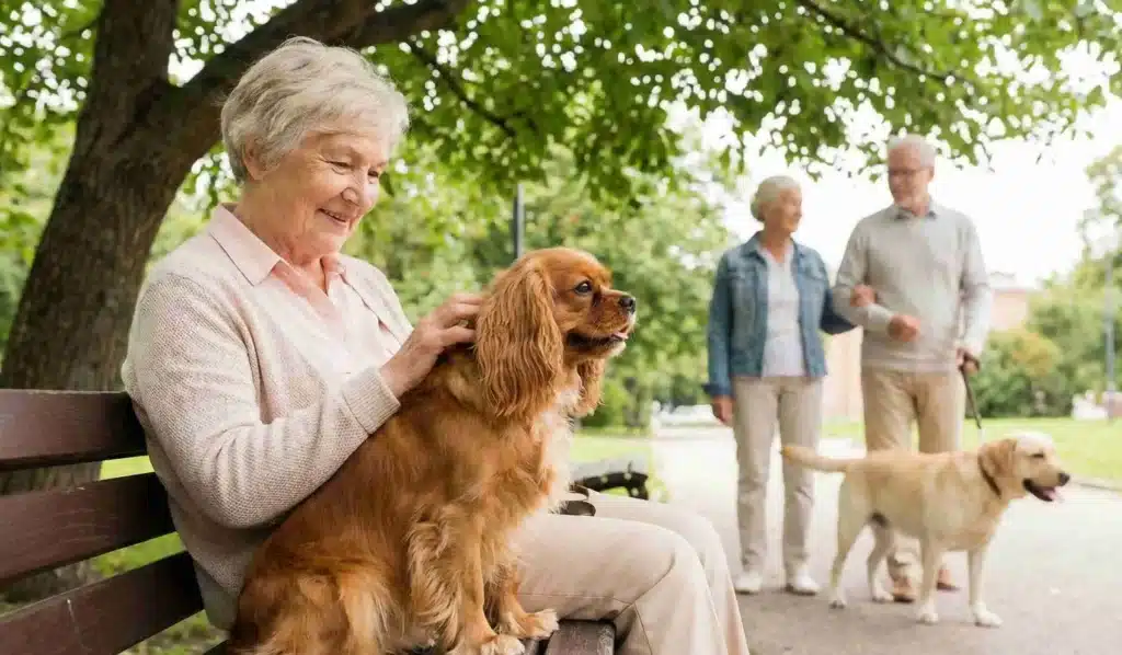 an old woman sitting on a bench with a dog