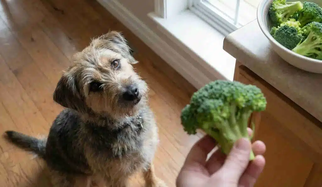 a dog looking at a broccoli