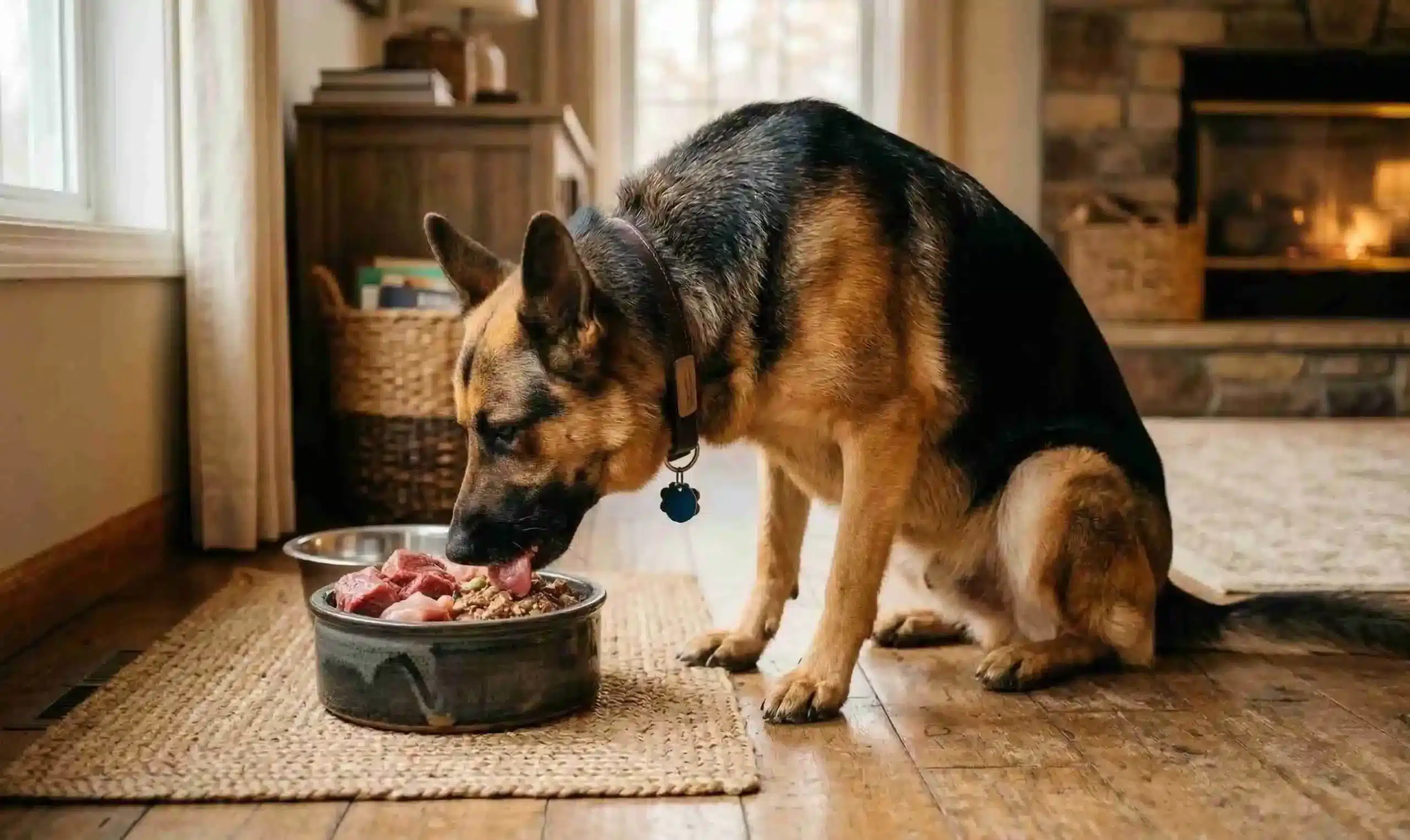 German Shepherd eating from a bowl