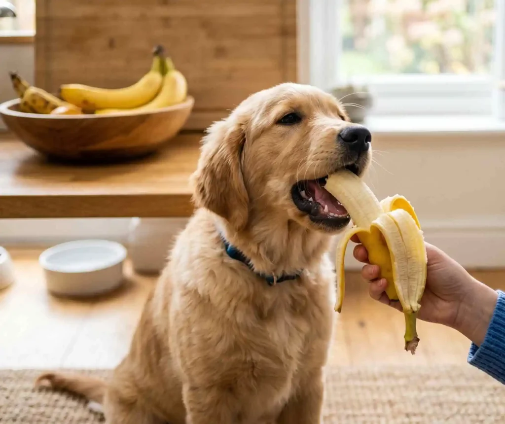 dog eating a banana
