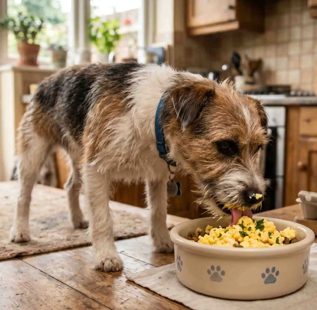 dog eating eggs